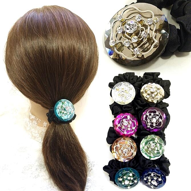 シュシュポニー クリスタル ラインストーン ラウンド フラワー 〔ヘアゴム ポニーテール コンチョ カラフル 大きめ 髪飾り ゴージャス 華やか 高品質 ヘアア...