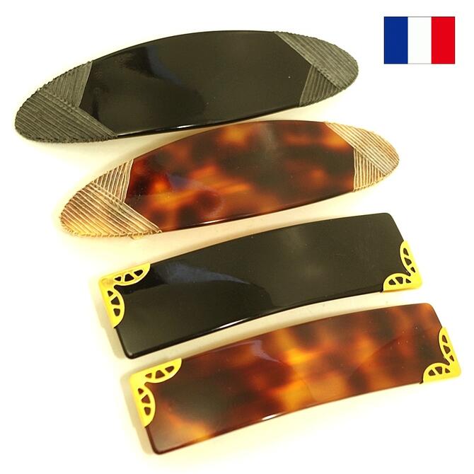 【限定品】フランス製 バレッタ 斜線彫刻／ゴールド角枠 〔デザインもの やや大きめ ヘアクリップ 髪留め アセテートセルロース樹脂 きれい おしゃれ 量の多い髪 ハーフアップ フルアップ 個性的 ユニーク 限定品 ヘアアクセサリー〕