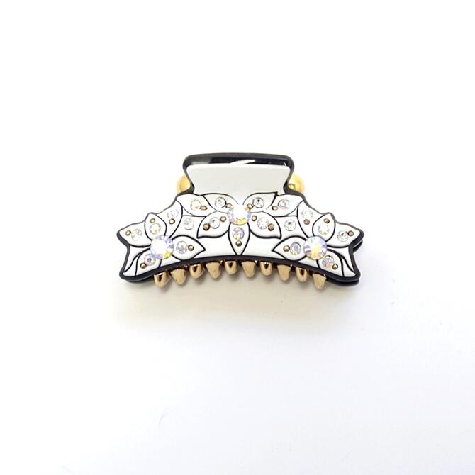 【限定品】 バンスクリップ ミニ 白黒モノトーンxゴールド 花彫 プレミアム ラインストーン&スタッズ 〔小さい ヘアクリップ 髪どめ スワロフスキー キラキラ...