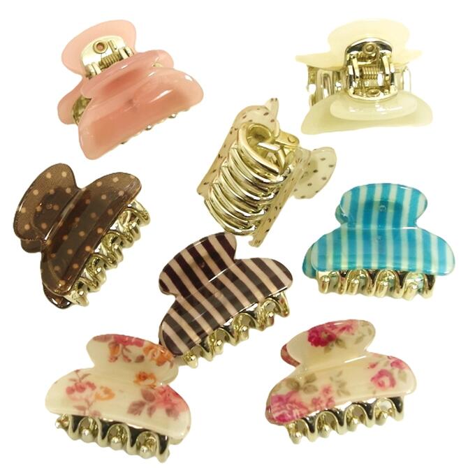 乐天商城 - 【限定品】バンス クリップ 小さめ ミニサイズ レトロ 内側ゴールド台 〔ヘアクリップ 髪どめ 無地／ドット／ストライプ／小花柄 プリント生地 アクリル 強いバネでしっかりとまる 華やか フェミニン 大人かわいい 柄物 ヘアアレンジ ヘアアクセサリー 髪留め〕