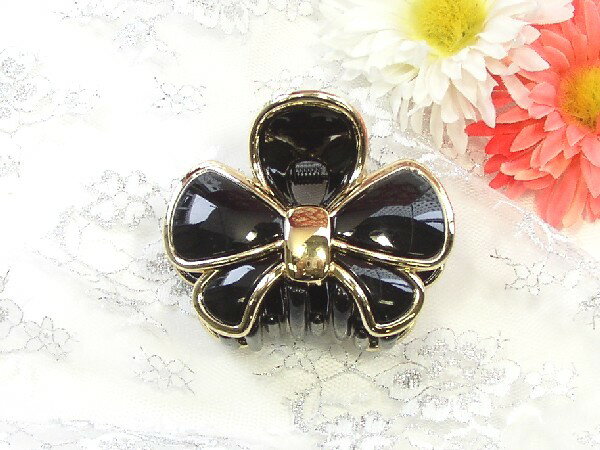 バンスクリップ ゴールドフレーム リボン ブラック 〔小さめ ヘアクリップ 髪どめ 髪留め パンス おし..