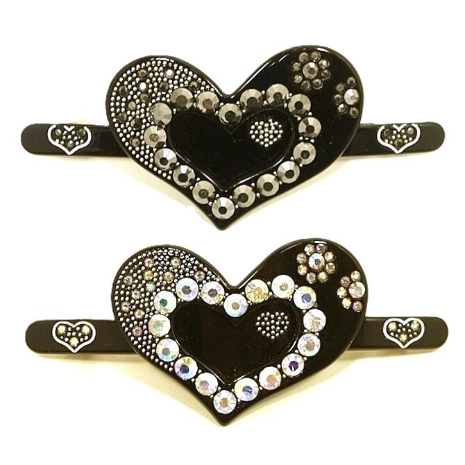 【限定品】バレッタ 滑り止めゴム付金具 スリムロング ハート 大粒スタッズ付 〔ワイド 大きめ ヘアクリップ 髪どめ キラキラ 華やか ゴージャス 豪華 ラインストーン かわいい キレイ 白線 おしゃれ お花模様 お出かけ パーティー ヘアピン〕