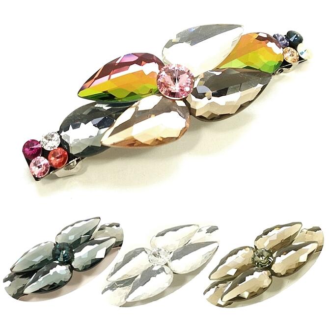 バレッタ 大きめ 高級グラスストーン フラワー 変わり花菱形 〔髪どめ 大きい フラット金具 ヘアクリップ キラキラ 華やか きれい 豪華 ゴージャス おしゃれ ユニーク エレガント お花 ハーフアップ 結婚式 パーティー ヘアアレンジ 女性 プレゼント ギフト〕