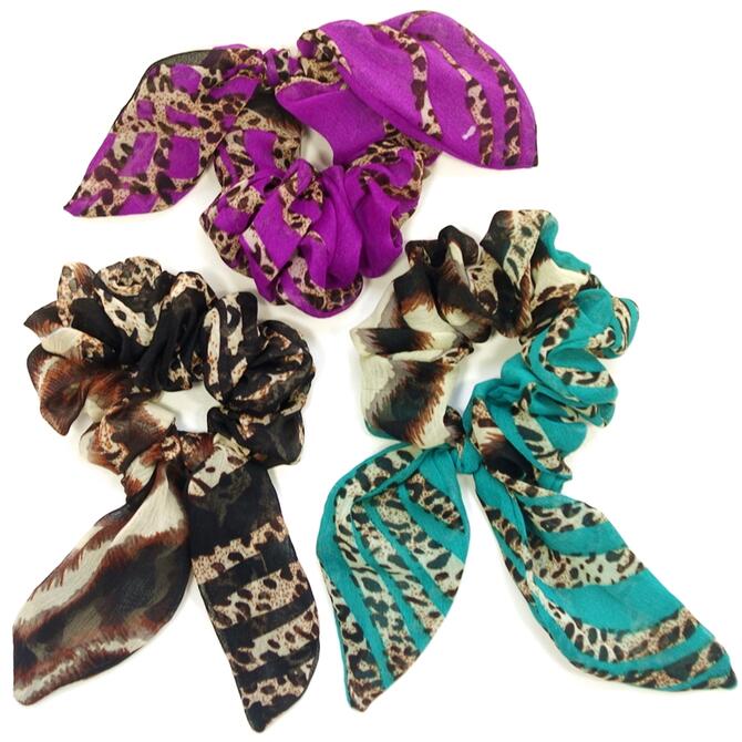 【限定品】シュシュ シフォン ヒョウ柄ミックス リボン付 〔ヘアゴム アニマル柄 華やか エレガント かわいい ポニーテール レディース オーガンジー ヘアアクセサリー 髪留め〕