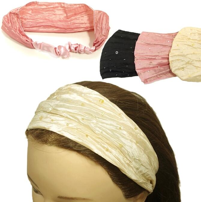 乐天商城 - 【限定品】カチューム ワイド 薄手 サテンくしゅくしゅシワ加工＋スパンコールとビーズ 〔ターバン ちょっぴりキラキラ 幅広 ヘッドバンド おしゃれ 爽やか 華やか エレガント 大人 レディースヘアアクセサリー 髪留め〕