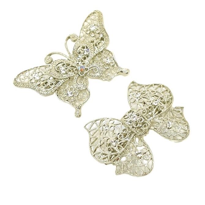 【限定品】バレッタ 小さめ メタル 透かしデザイン バタフライ／リボン ラインストーン付 〔ヘアクリップ 髪どめ 少なめハーフアップ 控えめキラキラ おしゃれ まとめ髪 大人 ヘアアレンジ 上質 ヘアアクセサリー 金属 しっかりとまる〕(4.0)
