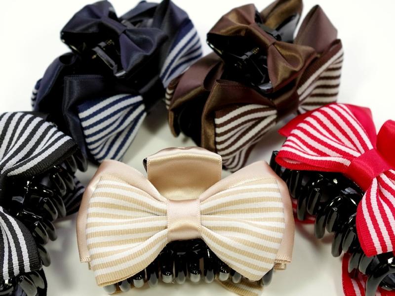 【残り茶と赤 各1pのみ】バンスクリップ リボン パンス 中 グログラン ストライプ 〔ヘアクリップ 髪ど..