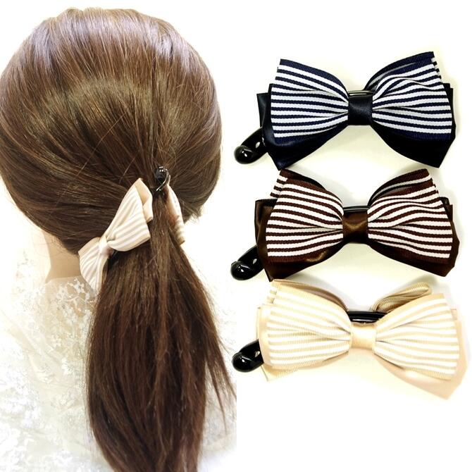 バナナクリップ リボン グログラン ストライプxサテン 〔ヘアクリップ 髪どめ かっちりタイプ ヘアアクセサリー ヘアアレンジ おしゃれ 仕事 オフィス デイリー〕