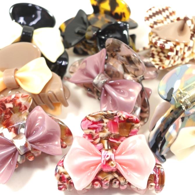 バンス クリップ S アセテート マーブル リボン付 〔ヘアクリップ やや小さめ 髪どめ 髪飾り おしゃれ キレイめ 大人可愛いリボン 華やか パンス アセチ ...