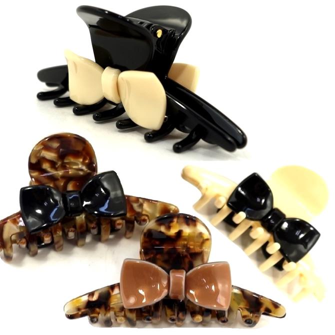 バンス クリップ アセテート マーブル スリムM リボン付 〔ヘアクリップ シック おしゃれ バイカラー ツートン 大人っぽいリボン 高品質 高級素材 パンス ...