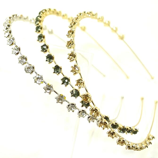 カチューシャ スリム シンプル 大粒ラインストーン ミルククラウン台座 〔メタル ヘアバンド ヘアアク..