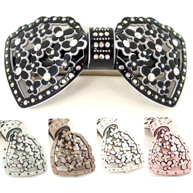 バレッタ カーブ セルロイド 透かしバタフライinリボン エクラ ラインストーン付き 〔ヘアクリップ 髪どめ 華やか キレイめ パーティー ヘアアレンジ 髪飾り...