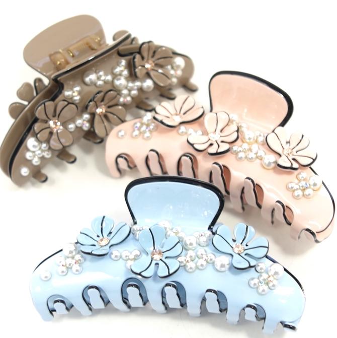 バンスクリップ 大 セルロイド フラワーガーデン パール&ラインストーン 〔ヘアクリップ 髪留め 大きめ パンス お花 キラキラ 華やか 人気 エレガント 大人...