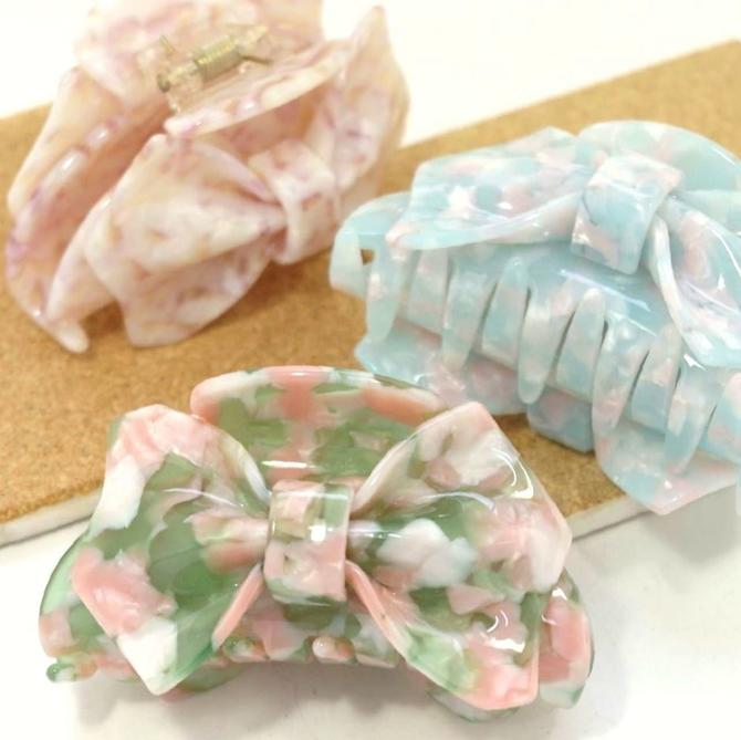 バンス クリップ L アセテート マーブル ギャザード リボン 〔ヘアクリップ 中大サイズ やや大きめ 髪留め おしゃれ パンス アセチ 立体的 華やか 大人か...