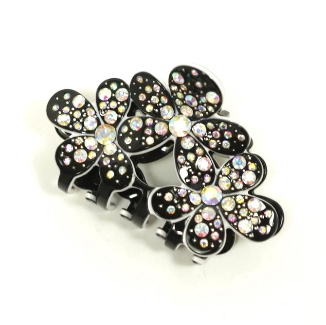バンス クリップ M セルロイド 透かしお花 ブラックフラワー オーロララインストーン&スタッズ付 〔ヘアクリップ 髪どめ パンス 華やか エレガント ゴージャ...