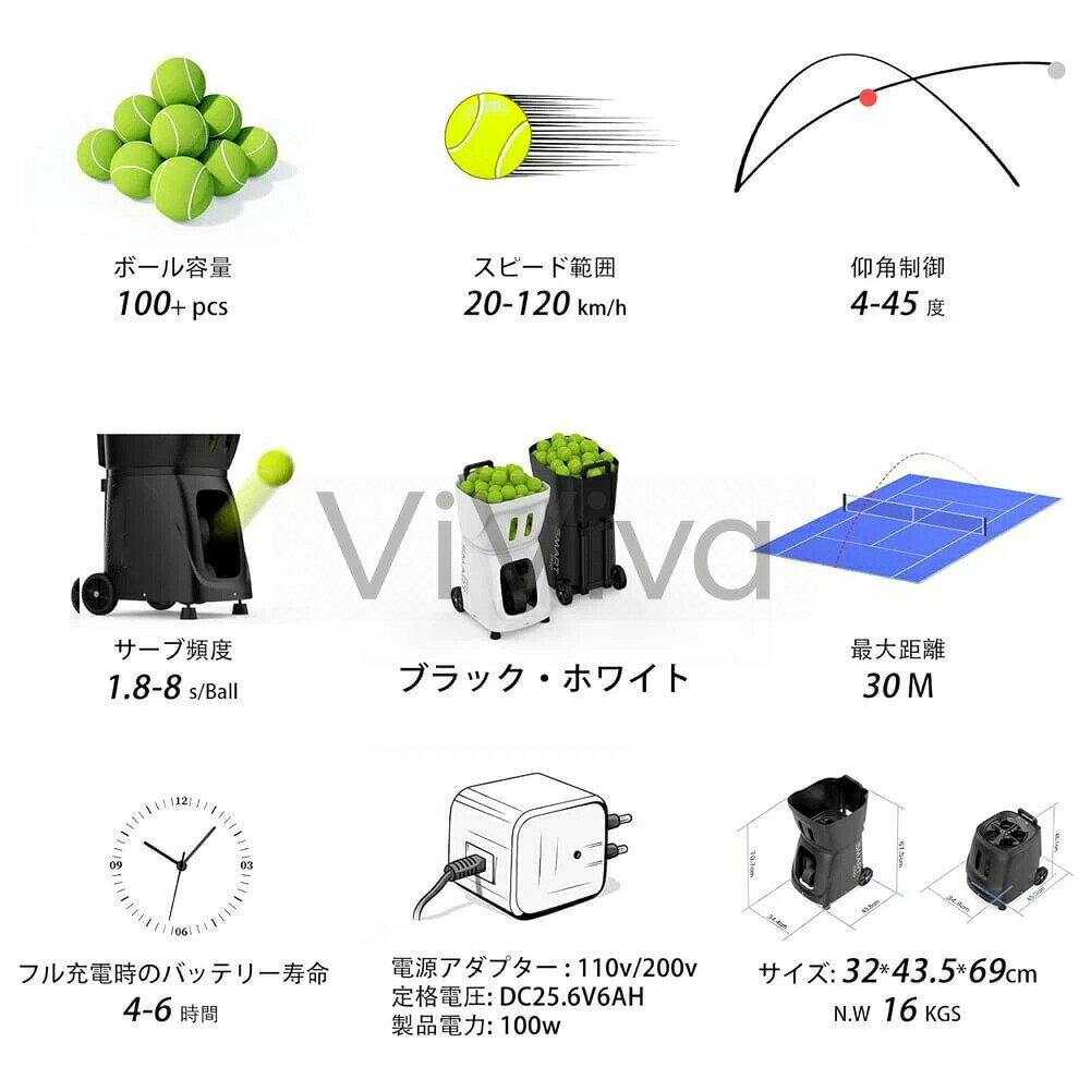 ViVivaの【ポイント6倍!特定商品!7月限定!】テニス自動球出し機 ソフトテニス 練習器具 スマート テニス練習マシン リモコン付き マルチ角度球出し 20ポイントプログラム可能 12モード搭載 バッテリー4-6時間持続 一人練習用携帯用プロテニスボールマシン テニスボールランチャ｜アングル2