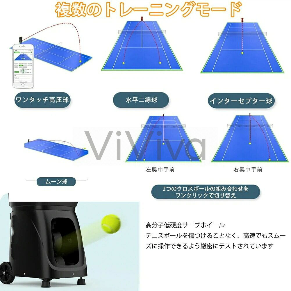 ViVivaの【ポイント6倍!特定商品!7月限定!】テニス自動球出し機 ソフトテニス 練習器具 スマート テニス練習マシン リモコン付き マルチ角度球出し 20ポイントプログラム可能 12モード搭載 バッテリー4-6時間持続 一人練習用携帯用プロテニスボールマシン テニスボールランチャ｜アングル3