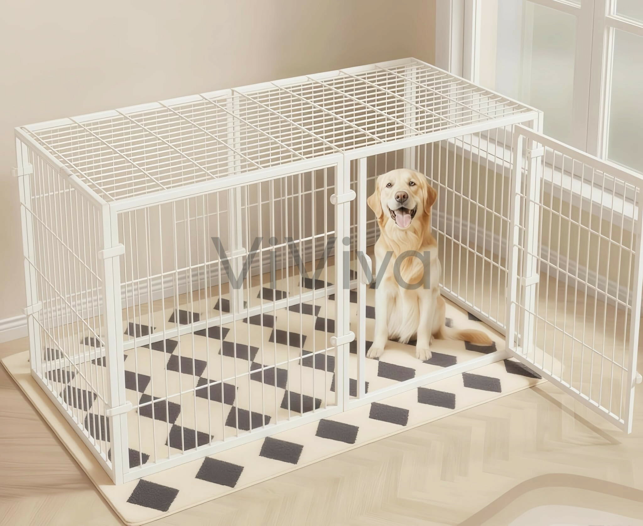 【ポイント3倍!7月限定!店舗の人気商品!】犬 ゲージ ペットフェンス ペットサークル 140長さ x 70幅 x 80.5高さ cm 屋根面付き、2つのドア ? レイアウト自由 自立 ケージ ドッグサークル 脱走防止 組立簡単 小型犬 中型犬 大型犬 DIY 室内外兼用(ホワイト)
