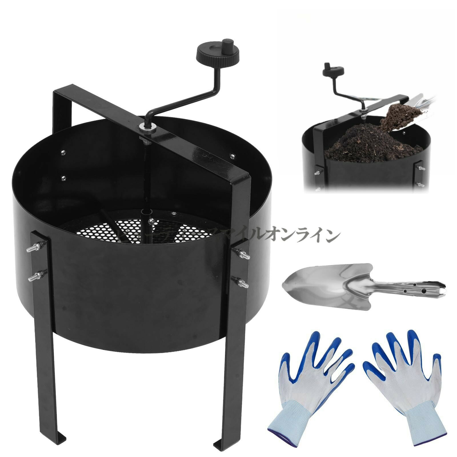 乐天商城 - 回転式土ふるい機 古土分別器で土の再生 時間と労力を劇的に削減 コンパクト省スペース設計 家庭用菜園花壇の園芸用品 用土分別 土ふるい 土作り ブラック
