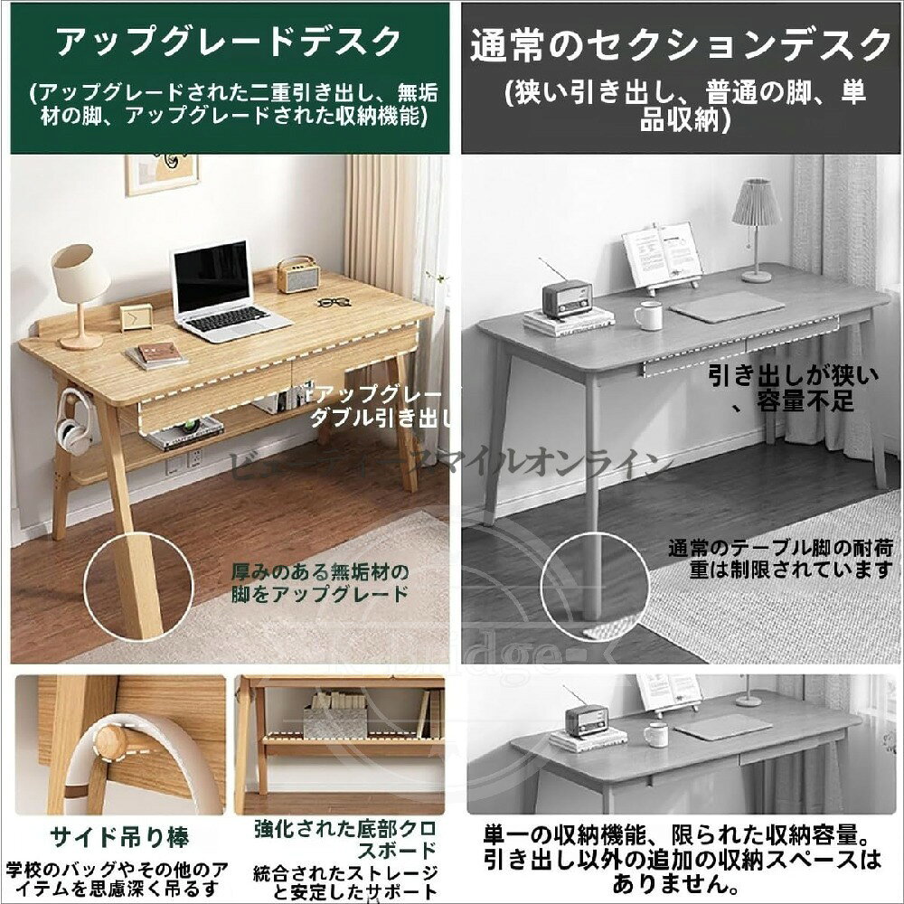 ホームオフィスデスク 120cm 小スペース用 北欧風デザイン モダンワーク 引き出し2段付き 棚とフックが便利なPCテーブル ワークステーション [3]