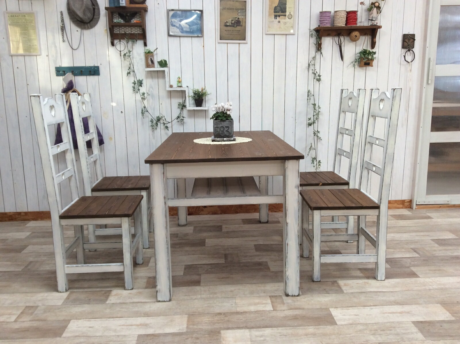 ★Handmade*ダイニングテーブルセット*引出付*組立式osw＆シャビー★アンティーク★組立式★お部屋のスペースに合わせたオリジナルオーダー可能です。お問い合わせください＾＾