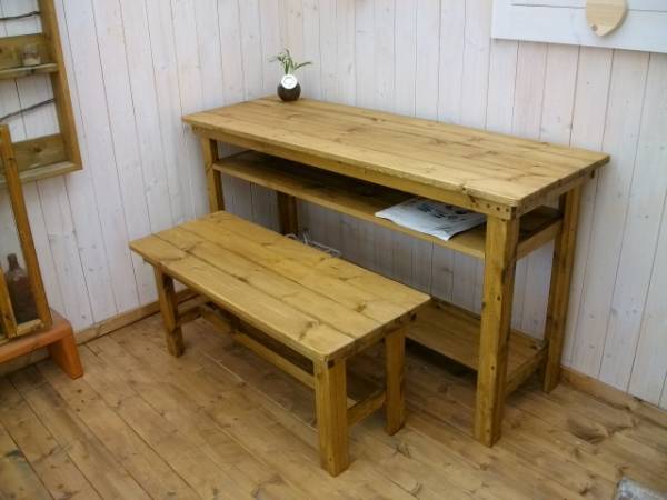 テーブル*作業台*120サイズW収納棚付ベンチセット♪Handmadお部屋のスペースに合わせたオリジナルオーダ..