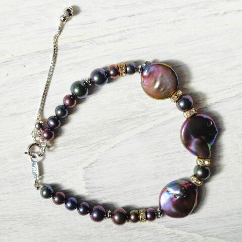 有核淡水パール　ブレスレット　SV　ブラック真珠　天然