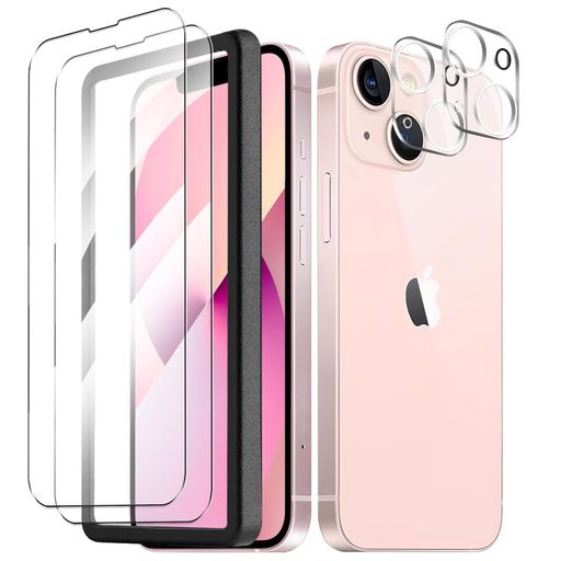 【2+2 枚セット】KAKUKI IPHONE 13 ガラスフィルム (2枚入り)+カメラフィルム(2枚入り)【ガイド枠付き】KAKUKI IPHONE13 レンズ保護フィルム 全面保護フィルム 硬度9H 高透過率 飛散防止 強化ガラス 耐衝撃