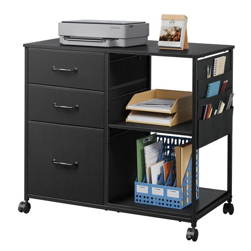 DEVAISEサイドキャビネットデスクワゴンキャビネット層板付きサイドポケット付き大容量サイドワゴン袖..