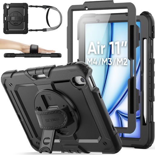 SEYMAC stock 2026年/2025年/2024年 11インチiPad Air(M4/M3/M2)専用耐衝撃ケース 保護フィルム付き ペン収納 360°回転スタンド ハンドストラップ ショルダーストラップ 全面保護カバー iPad Air 11