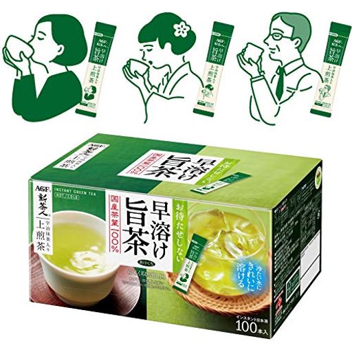 原材料:緑茶、デキストリン/香料、ビタミンc、乳化剤 急須いらずで茶ガラも出ない、インスタントの煎茶です。 お湯にも冷たい水にもサッと溶けます。 内容量:100本(0.8g×100本) 原産国:日本