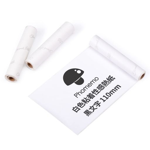 Phomemo白粘着感熱紙110mm幅黒文字3巻入り各巻の長さは3.5m保存10年、PhomemoM04ASBluetoothサーマルプリンタに対応、ノート/リスト/写真/シール/文書に使用
