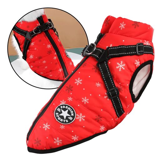 Koramaku犬服一体型綿コートハーネス付き背中開きおしゃれ牽引夜間反射暖かいペット猫犬服冬小型犬中型犬着脱簡単裏起毛ベスト防寒防水撥水ジャケットリードリング...