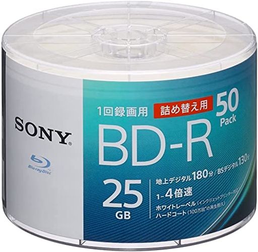 【50枚(地デジ約150時間)録画番組ひとまず保存】 ソニー / 50枚入り / ビデオ用ブルーレイディスク / 1回録画用 / BD-R / 1枚あたり25GB(地デジ約3時間) / 1-4倍速 / ディスク用ケース無し / 50BNR1VJPB4