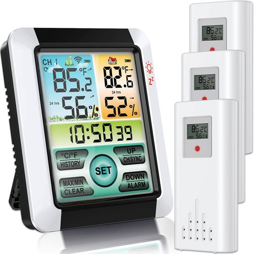 GHDVOP 多機能デジタル温湿度計 室外 室内 時計 外気温度計 壁掛け 高精度三つセンサー 卓上 防水 高精度 LCD大画面 バックライト 寒さ対策 目覚まし時計 温度管理 温度傾向図表示 置き掛け両用タイプ 健康管理 見やすい