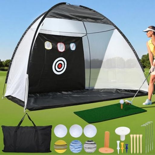 【広々テント型で飛散防止】当社のゴルフネットは、3mx1.8mx2mの大型テント型設計を採用。打球を確実にキャッチし、ボールが周囲に飛散するのを効果的に防ぎます。3種類のターゲットを備え、基本のスイングから精密な方向練習まで、初心者から上級者まで集中して技術向上に取り組めます。屋内でも屋外でも、安全にチッピング、ドライビング、正確なスイング練習が可能です。 【高耐久素材で安心練習】当社のゴルフ練習ネットは、最大200mphのボールスピードに耐える耐久性を実現。高強度のポリエステルメッシュと210Dオックスフォード生地を採用し、通常の素材より遥かに高い耐摩耗性と長寿命を実現しました。専門設計による伸縮性ネットに、軽量で耐候性の高い8.5mmガラスファイバー製フレームを組み合わせることで、屋内・屋外を問わず高強度の練習を安心して続けられます。日差しや風雨に負けない構造で、思う存分ゴルフの情熱を解放できる環境を提供します。 【軽量折り畳みで収納楽々】このゴルフ練習ネットは、軽量で折り畳み式の設計を採用。使用後はコンパクトにたたんで付属の収納バッグに入るため、保管や持ち運びが非常に簡単です。