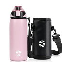 FJBOTTLE 水筒 600ML 真空断熱 マグボトル (ストラップ付き) ワンタッチ 保温 保冷 洗いやすい 広口 ステンレスボトル 水筒カバー 洗浄用スポンジ付き 女の子 男の子 おしゃれ 大人 子供 ピンク(3)