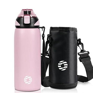 fjbottle 水筒 600ml 真空断熱 マグボトル (ストラップ付き) ワンタッチ 保温 保冷 洗いやすい 広口 ステンレスボトル 水筒カバー 洗浄用スポンジ付き 女の子 男の子 おしゃれ 大人 子供 ピンク