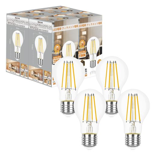General Light Bulbs - LED電球E26口金電球色60W形相当810ルーメンフィラメント一般電球形全方向タイプクリア電球調光不可省エネ4個入り