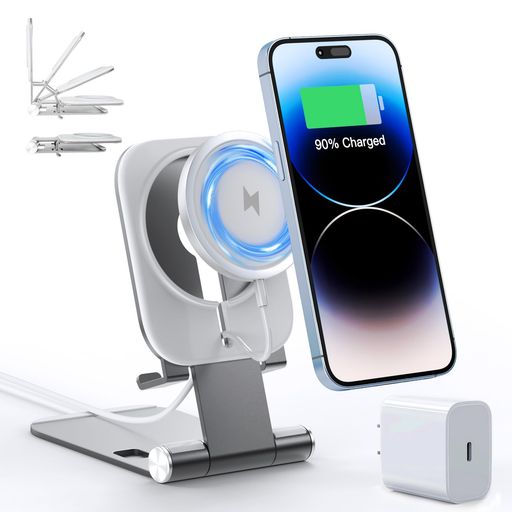 ワイヤレス充電器Magsafe対応iPhone16/15/14/13/12ProMaxMiniシリーズ対応【ワイヤレス充電スタンド+20WUSB-Cアダプター付属】マグネット式USB-Cケーブル付き折り畳み式角度調節スマホ充電器