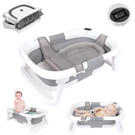 LittleBeanベビーバス折りたたみ式湯温計付き赤ちゃん子供用風呂0~6歳バスネット付き収納容易省スペース赤ちゃんに優しいPP素材滑り止め設計お風呂ベビー用浴槽(グレー)