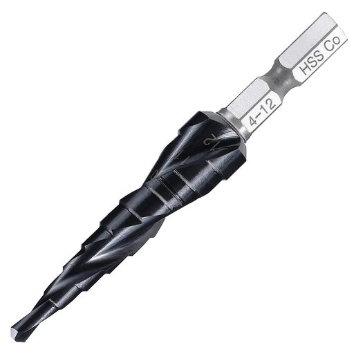 【超高硬度の素材】HSS CO コバルトハイス鋼ステップドリルの表面をTiAlN窒化チタンコーティングで被覆し、HRC89の硬度を実現しています。ステップドリルの耐高温性と耐摩耗性をさらに向上させ。 【らせん形状】らせん溝の設計により、切削時の圧力を低減し、切り屑の排出状況を改善しました。直線型に比べて耐久性が抜群で、回転時の安定性に優れ、切り屑の除去や冷却効率が大幅に向上しています。 【ステンレス用円錐ドリル】ステンレス鋼に最適なスパイラル形状。ステンレス、薄い鉄板、アルミ板、木材、ビニル、樹脂等の穴あけに適用。また穴あけと同時に面取り加工もできますので時間短縮にも繋がります。 【色々な穴径】4-12mm、9段(4、5、6、7、8、9、10、11、12mm)小孔から大孔まで順次拡径するので、色々なサイズの孔を開けたり、拡大したり、修正したりすることができます。 【より精細なデザイン】各ステップドリルにはミリメートル級の精度が刻印されており、作業精度を向上させることができます。六角軸二溝の設計により、ステップドリルと電気ドリルの組合でより緊密になります。