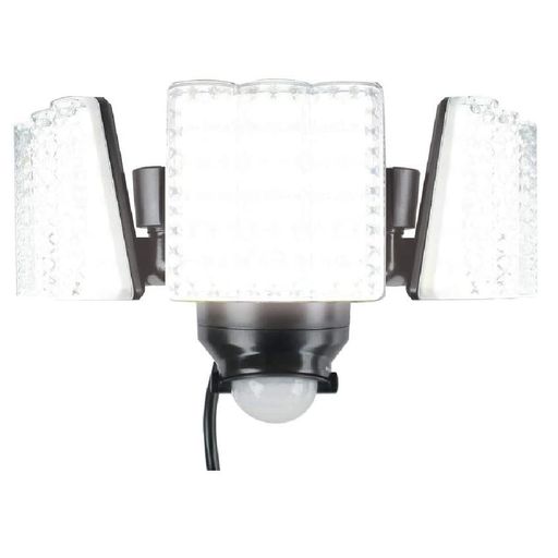 屋外照明 用途:玄関、ガレージ、ベランダ等の照明、防犯対策に 光源:LED0.5Wx108個(3,000ルーメン相当) 電源(電圧):AC100V(50/60Hz) 消費電力:27W(待機時1.0W以下) センサー探知方式:赤外線探知方式 センサー探知エリア:約3m時約180度、約12m時約90度 点灯時間設定:常時点灯、約10秒~約5分 センサー部可動角度:約180度(左右約90度) 電源コード長:約3m 設置場所:屋内、屋外(防雨構造)