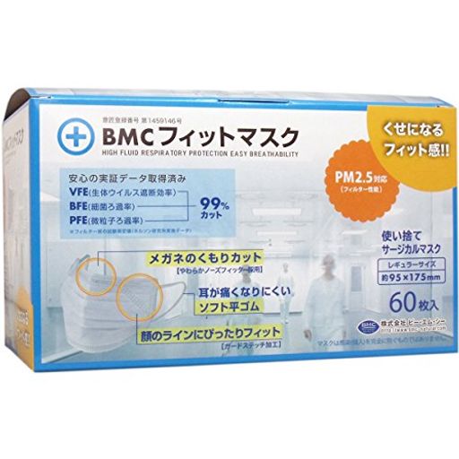 【セット品】(PM2.5対応)BMC フィットマスク 使い捨てサージカルマスク レギュラーサイズ 60枚入【×8個】