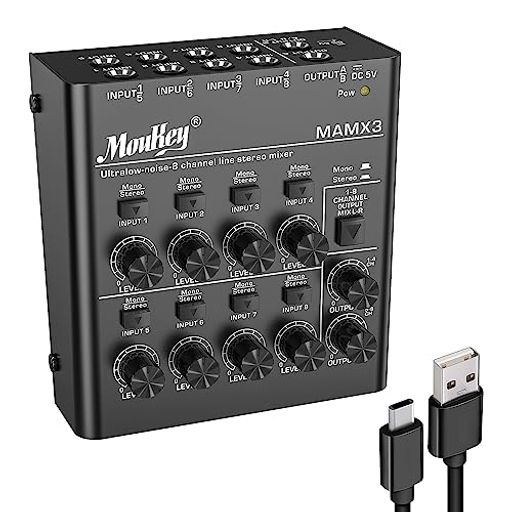 MOUKEY オーディオミキサー USB DC 5V超低ノイズ サブミキシング用 ラインミキサー (8チャンネル) 小型ミニオーディオミキサー クラブ/バー/マイク/ギター/ベース/キーボード/ステージミキサーに適用 MAMX3