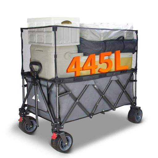 TOPWELL キャリーワゴン 特大容量445L 高耐荷重200kg 【荷室の長さ103cm】 長物対応 【幅10cmのベアリング内蔵極太タイヤ】 ブレーキ付き 深型 ワンタッチ収束型 自立収納 アウトドアワゴン キ…