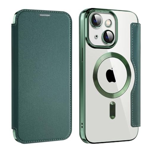 MUZIF IPHONE 15 PLUS 用 ケース 手帳型 MAGSAFE対応 クリア 背面 透明 高級なPUレザー 永久磁石 マグネット スマホケース カード収納、人気財布型 カバー 軽量 アイフォン15 PLUS 用 手帳カバー (グリーン)