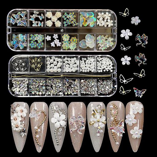 ネイルアートパーツ 3D立体 デコパーツセット ネイルデコ ラインストーン パールストーン リボン 蝶 花 パール DIY 手芸 ケース付き 多種類