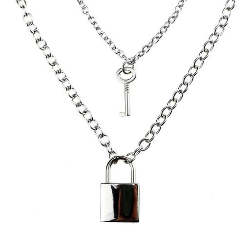 南京錠丸チェーンネックレスロックキーペンダントパンク2連多層ロングチェーン鍵首輪鎖チョーカーレデ..