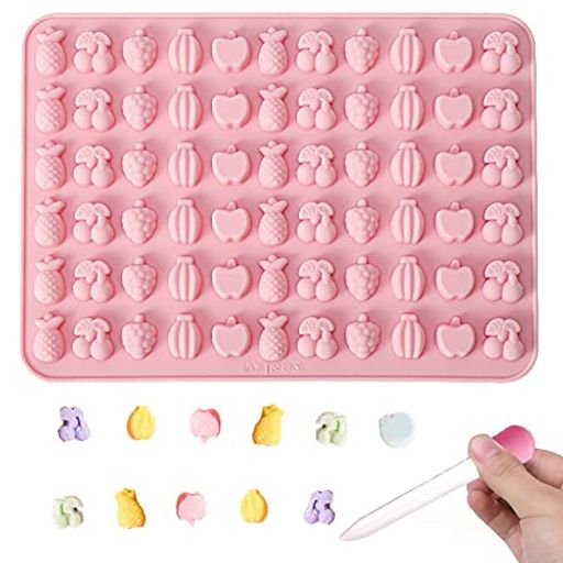 FORAHOME シリコンモールド 果物 グミ型 ピペット付き 製菓用品 66つ穴 抜き型 取り出しやすい 手作りグミ ソフトモールド バナナ 葡萄 パイナップル かわいい DIY レジン型 粘土 キャンディー アイス 金型 (ピンク)のサムネイル